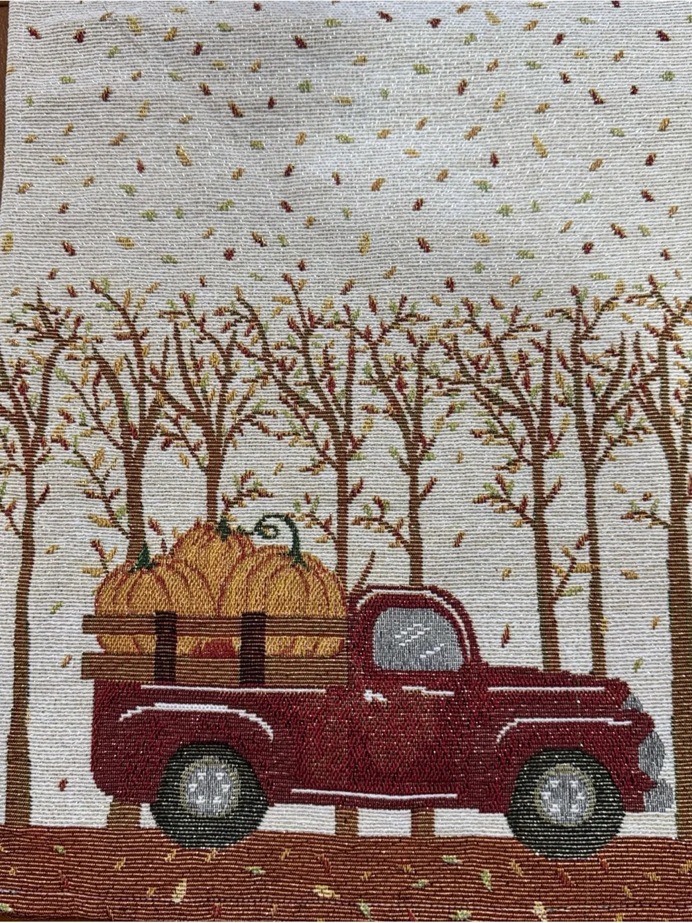 Fall Harvest Table Runner Red Pickup Truck Pumpkins Autumn Leaves 68” Long